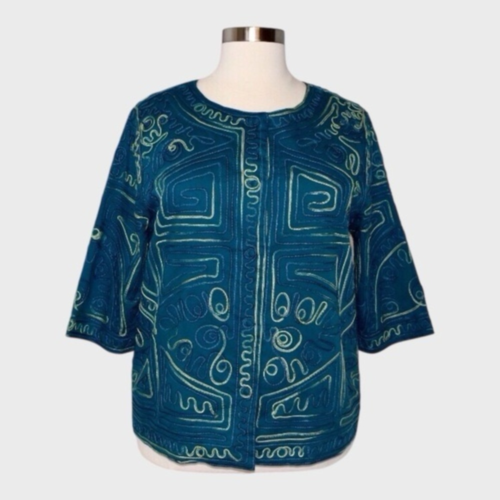 CATHERINES Cardigan Jacket Blue Embroider Piping Button Up Abstract Sz 3X 22/24W